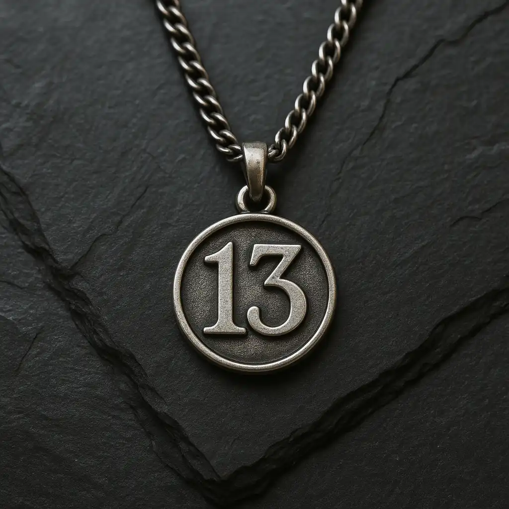 A silver pendant shaped like the number 13, resting on a textured black surface, symbolizing karmic energy and spiritual transformation.