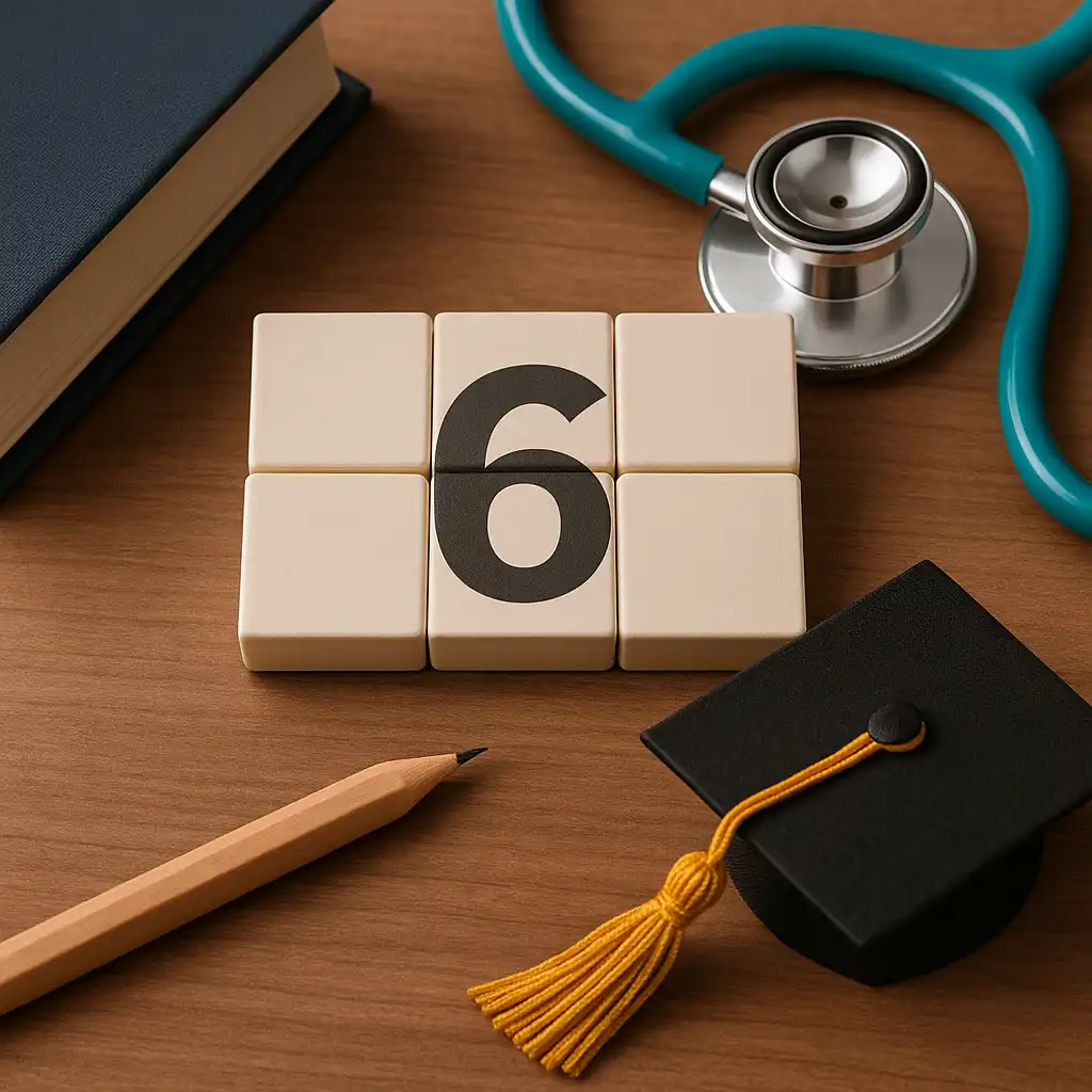 A square academic scene containing symbolic items representing various careers suited for life path number 6, including a stethoscope, open book, heart-shaped pendant, and art supplies arranged on a soft neutral background.
