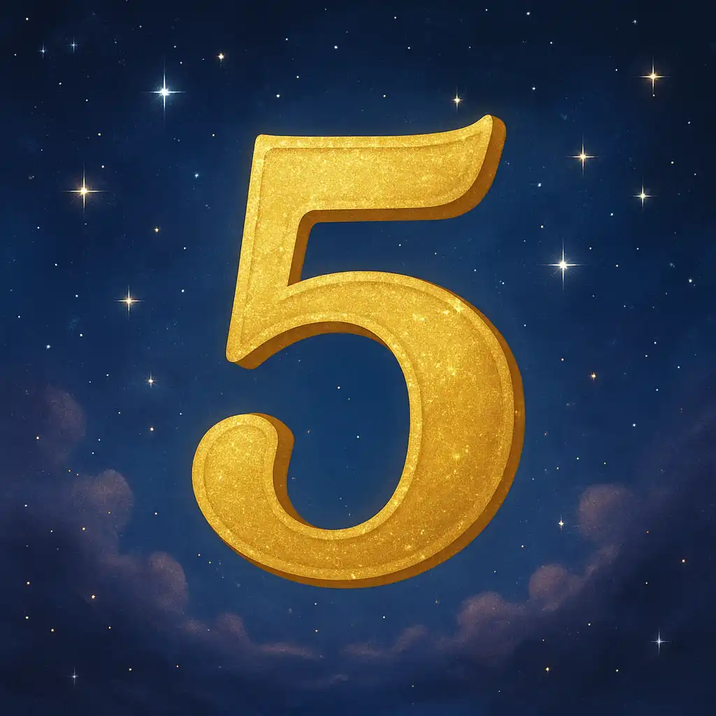 A digital illustration features a large, golden number 5 glowing against a dark, dreamlike cosmic background with shimmering stars.
