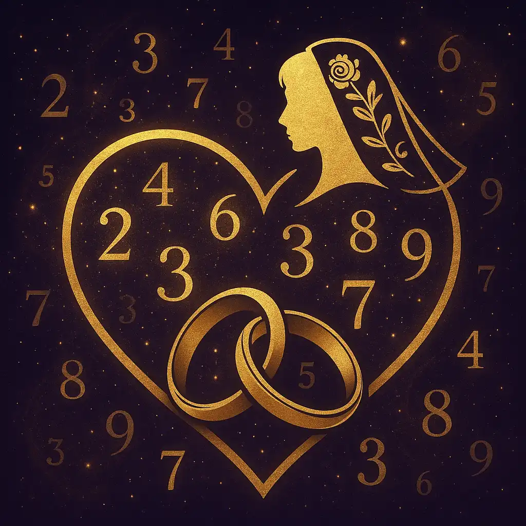 A digital illustration features a golden heart integrated with intertwining number patterns, symbolizing unity and connection in numerology-based marriage compatibility.