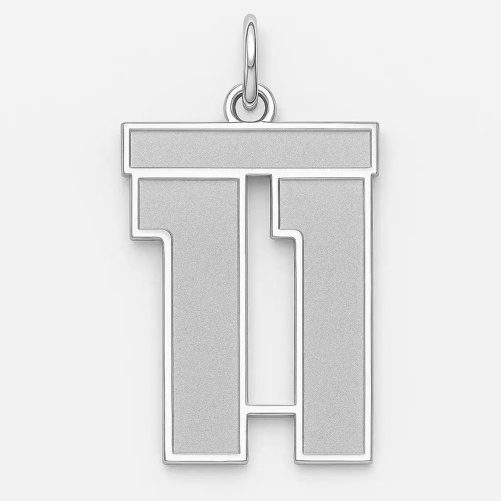 Sterling silver pendant in the shape of the number 11, featuring a bold geometric design with a brushed matte finish.
