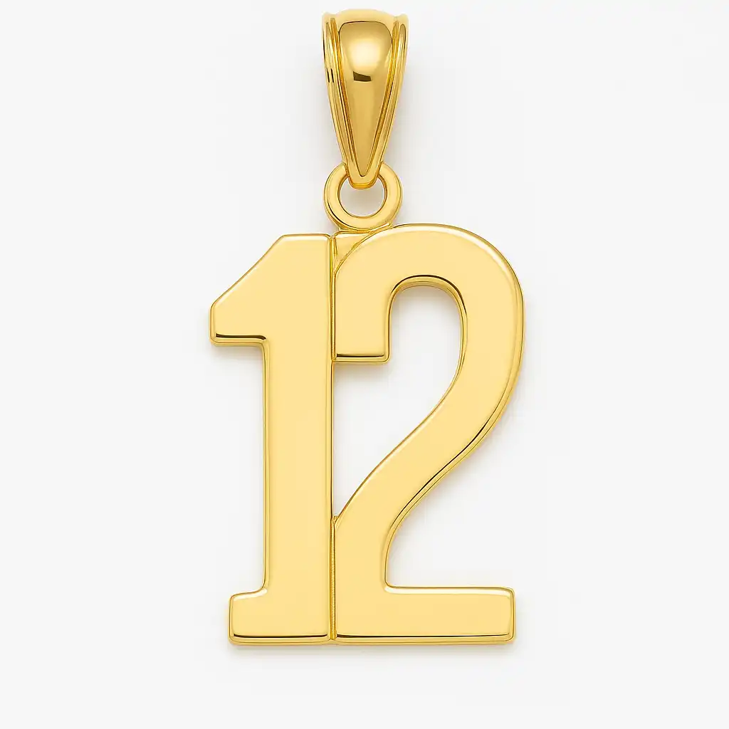 A digital photograph of a shiny gold pendant in the shape of the number 12, featuring a polished and modern design against a plain white background.
