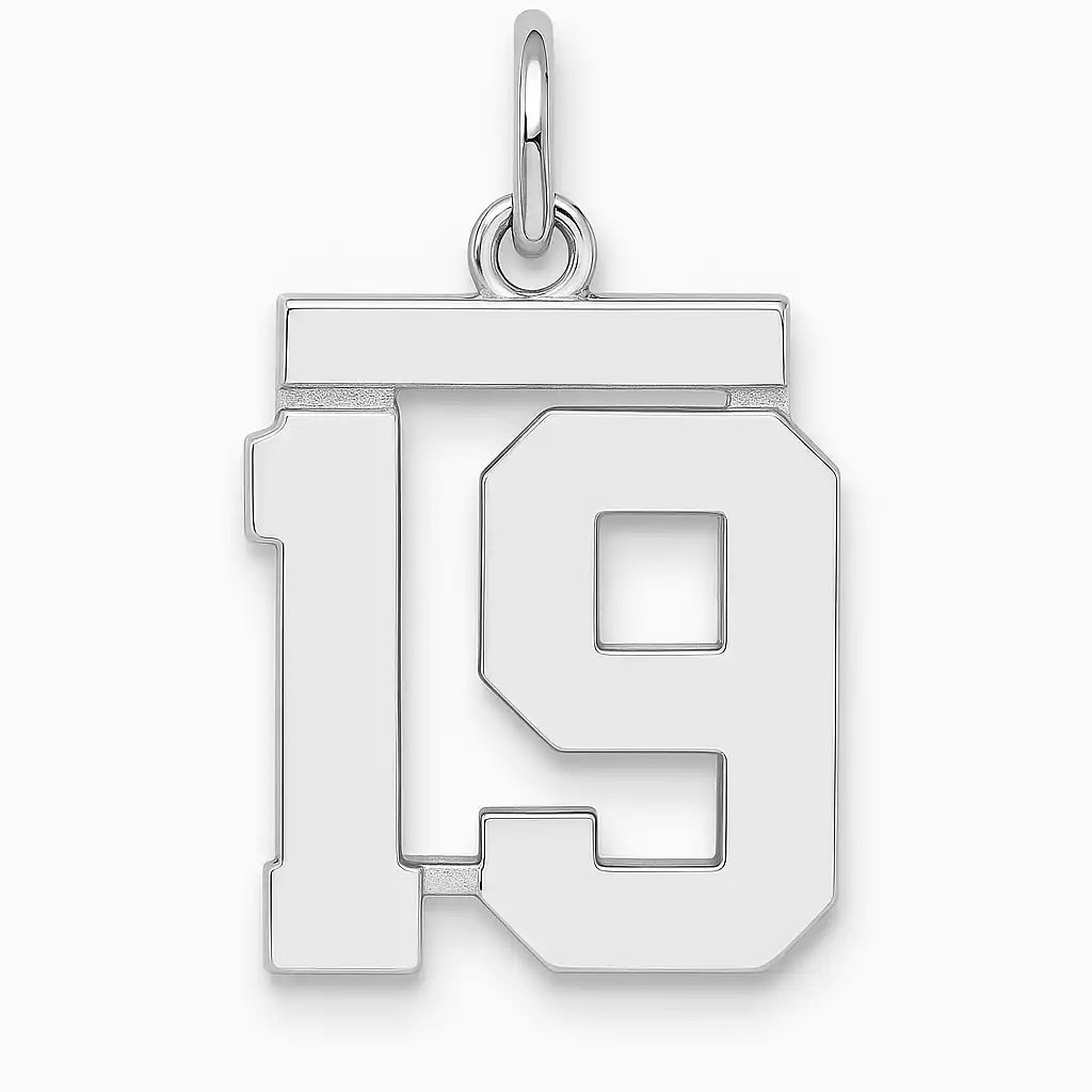 A silver pendant shaped like the number 19, featuring a bold and modern design, hanging from a metal loop on a square chain link.