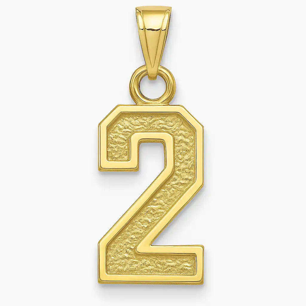A gold pendant shaped like the number 2, featuring a textured interior and polished border, hanging from a looped bail against a light background.