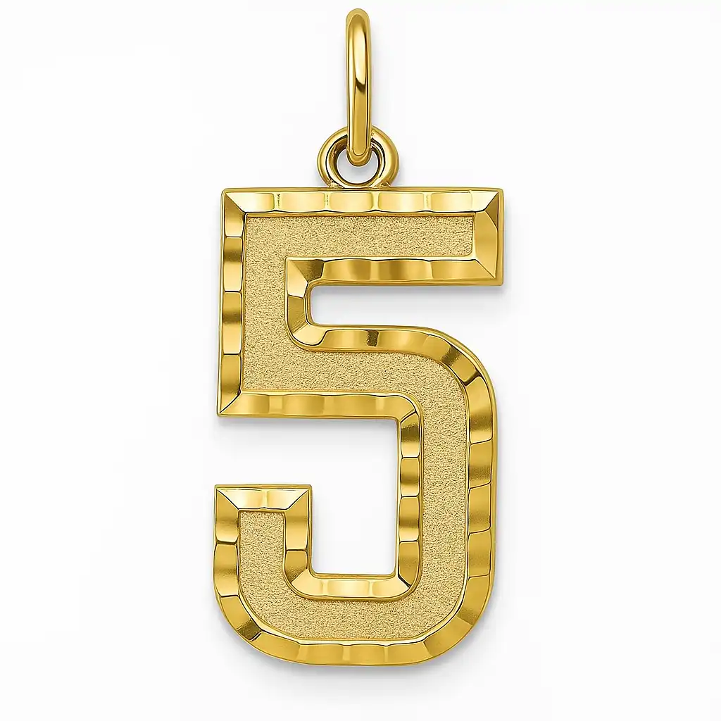A photograph displays a pendant shaped as the number 5 in polished gold with a textured inner surface, hanging from a gold loop on a white background.
