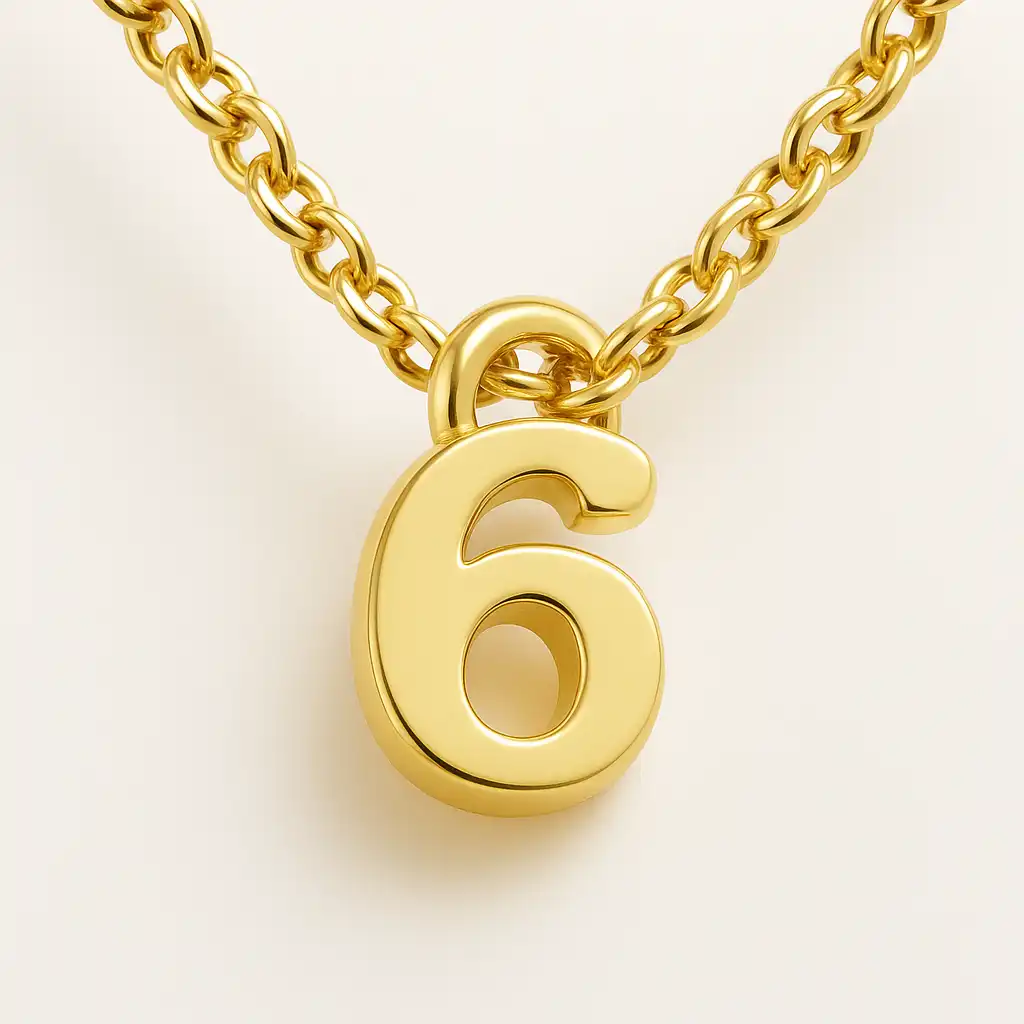 A gold pendant shaped like the number 6, designed in a bold, polished style, hanging from a matching gold chain.
