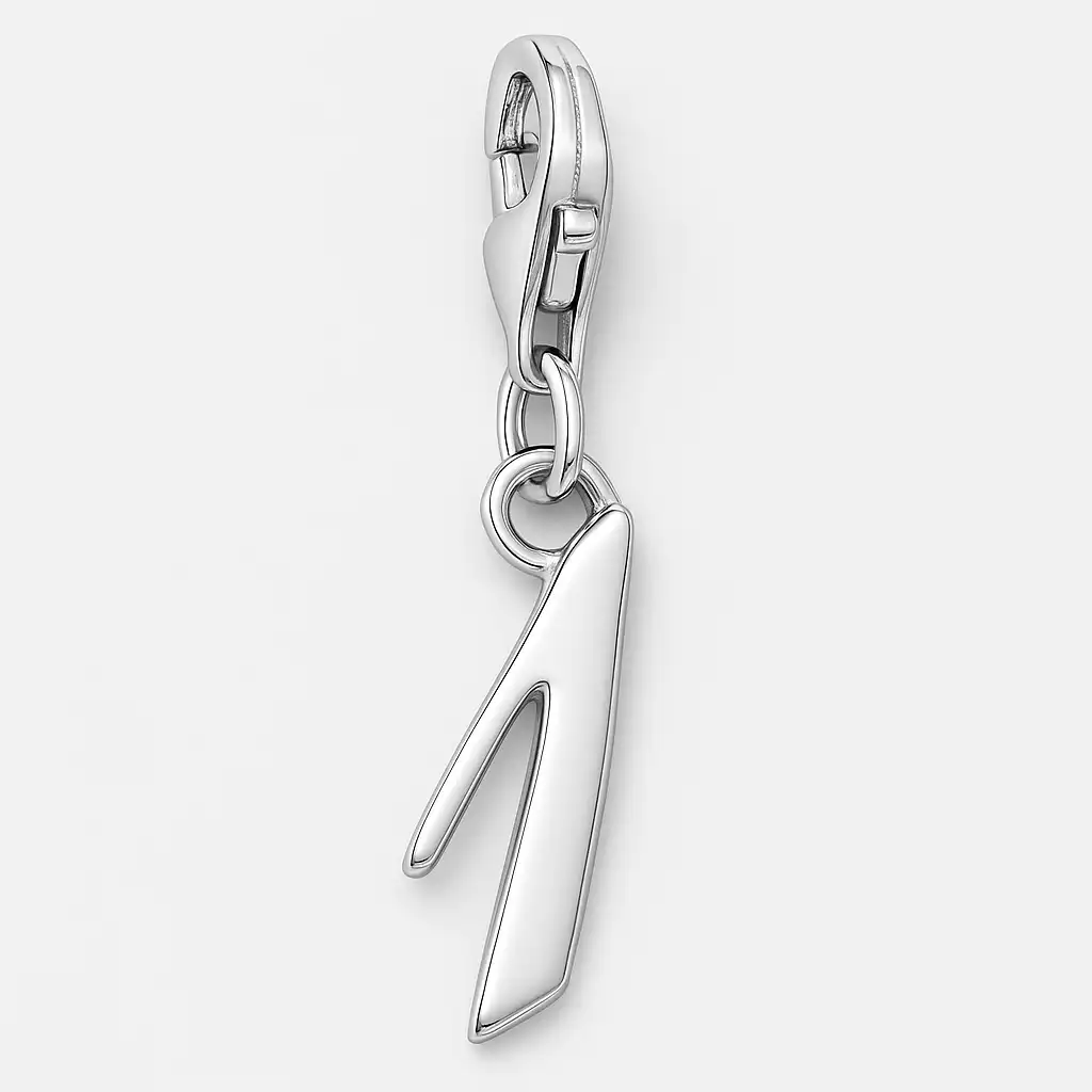 A sterling silver number "1" charm in a modern, slanted design, hanging vertically from a polished clasp against a light background.