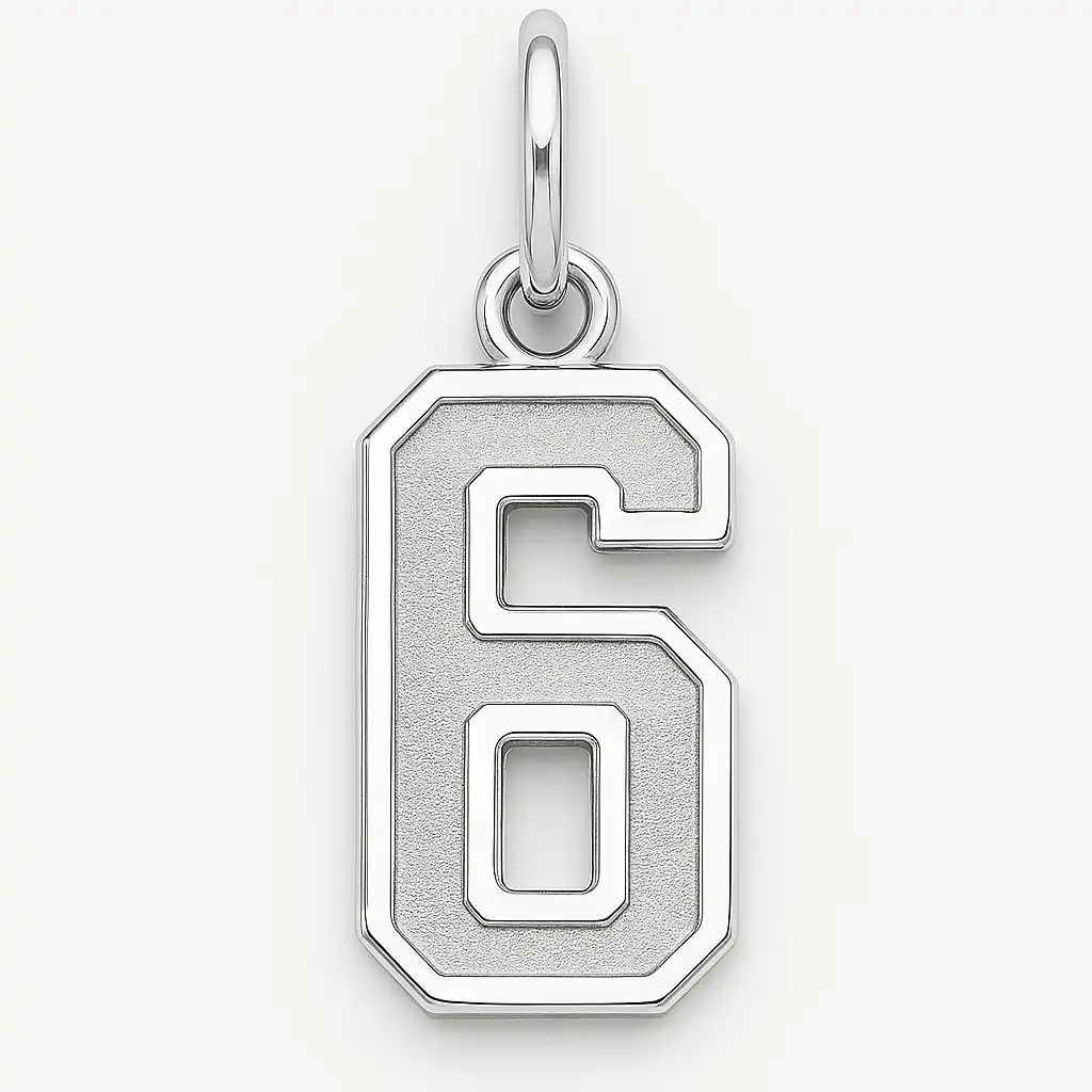 Pendant shaped as the number 6, crafted in polished metal with a small loop at the top, designed for use as a charm or necklace.