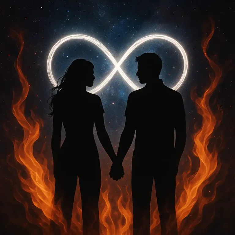 Two silhouetted figures standing close together under a starry night sky, surrounded by glowing numbers symbolizing twin flame reunion.