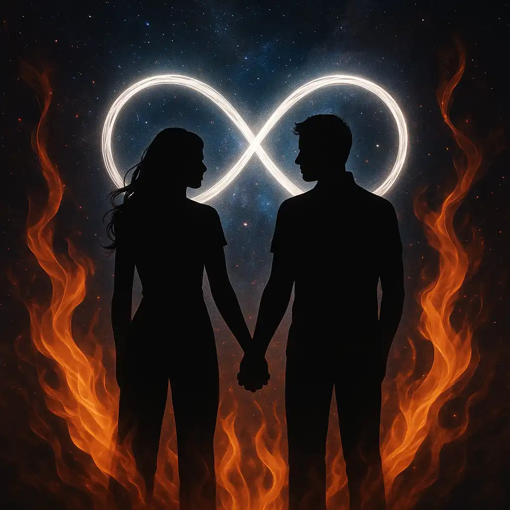 Two silhouetted figures standing close together under a starry night sky, surrounded by glowing numbers symbolizing twin flame reunion.