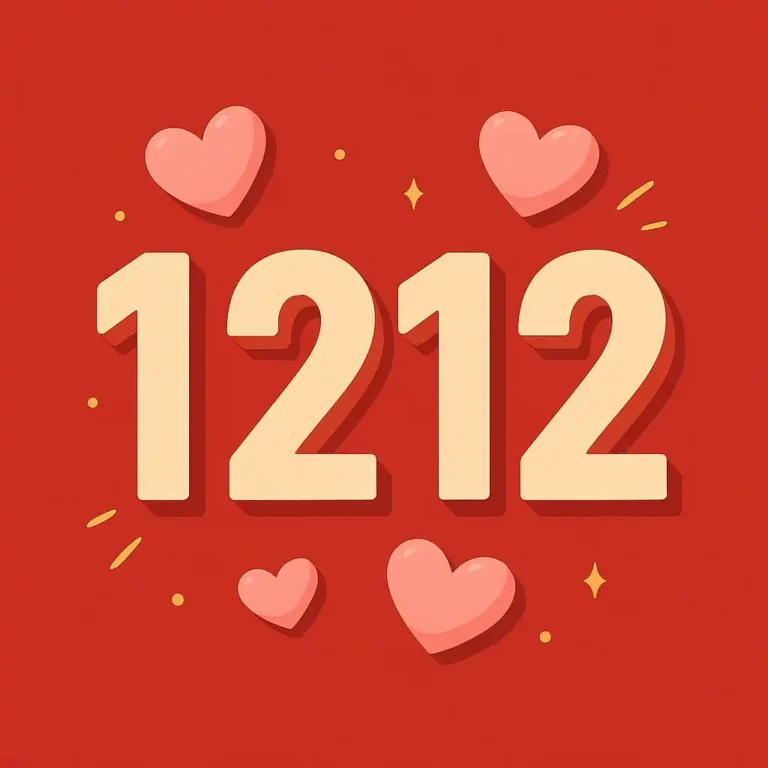 A 2D digital illustration features the number "1212" glowing softly in pink and red tones, set against a dreamy, blurred background with heart-shaped lights, evoking a romantic and spiritual atmosphere.