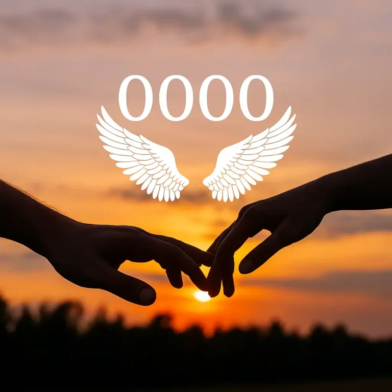 Two hands gently reaching toward each other in front of a sunset sky, symbolizing twin flame connection, framed by angel wings and soft light.