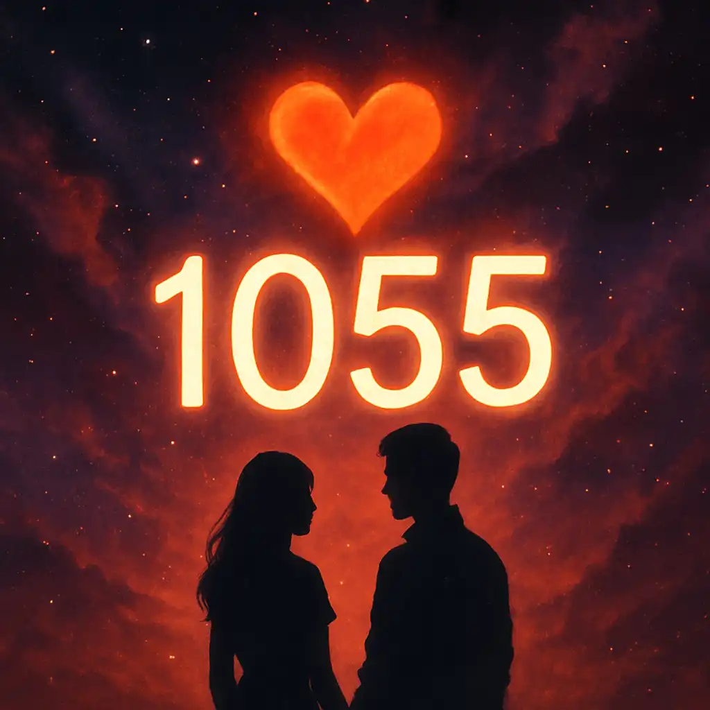 A glowing number 1055 floats beneath a fiery heart in a cosmic sky, with two silhouetted figures facing each other below, surrounded by stars and swirling red and purple clouds.