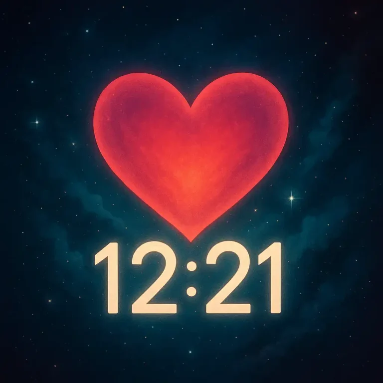 Two mirrored angel wings form the shape of a heart, with the number 1221 glowing at the center, surrounded by radiant beams and soft celestial colors.