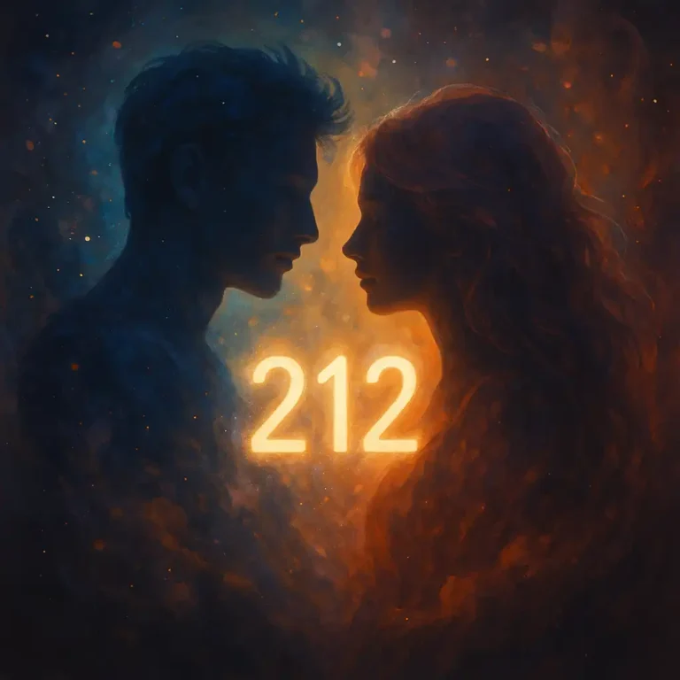 Two ethereal silhouettes stand side by side within a glowing number 212, radiating soft pink and blue hues, symbolizing twin flame unity and divine alignment.
