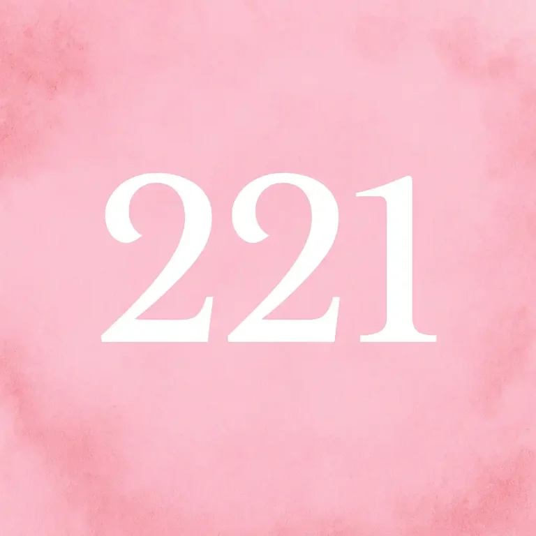 A 2D digital graphic features the angel number 221 glowing softly in the center of a heart-shaped light, set against a dreamy, romantic background of pink and gold tones.