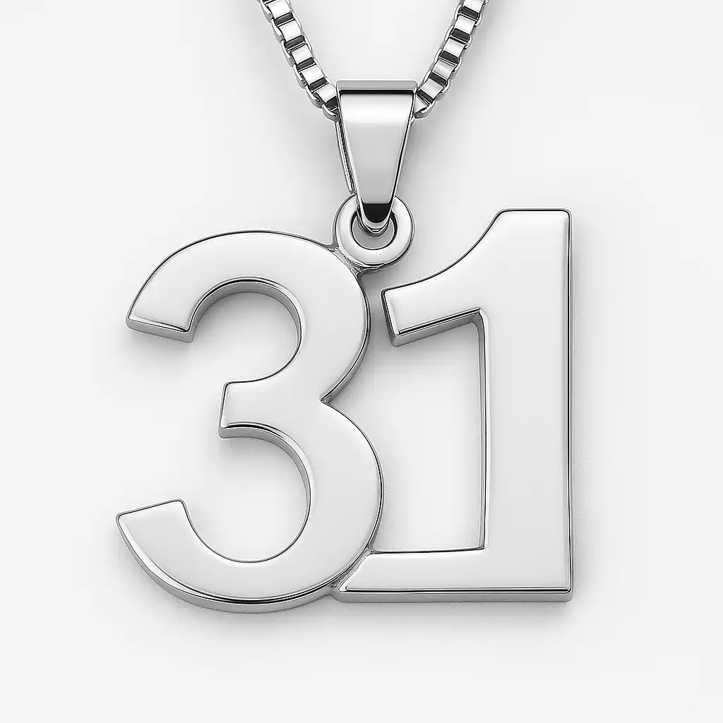 A silver pendant shaped like the number 31 hangs from a sleek, modern chain, featuring clean lines and a polished metallic finish set against a plain white background.
