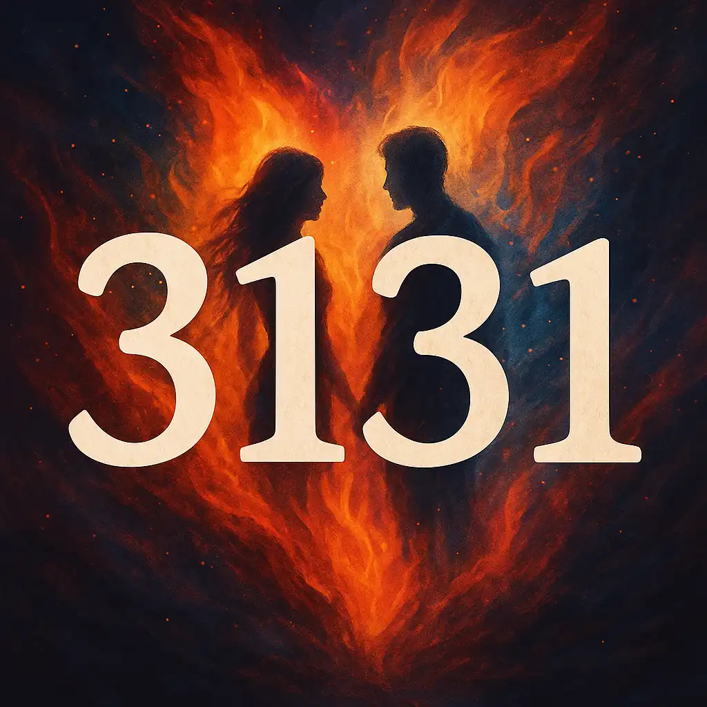 The number 3131 glows in soft golden light above a celestial horizon, with two shadowed figures standing apart under a starry sky, symbolizing distance, reflection, and spiritual connection.