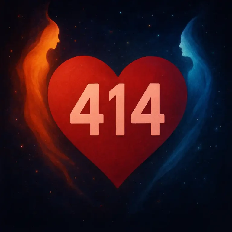 A glowing red heart intertwined with luminous numbers "414," set against a dreamy, cosmic background with swirling lights, representing twin flame union and divine timing.