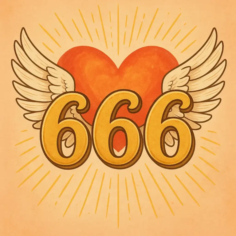 The number 666 glows in golden light against a backdrop of two intertwined flame-like shapes, symbolizing twin souls, with a soft aura of pink and purple mist surrounding them in a celestial scene.