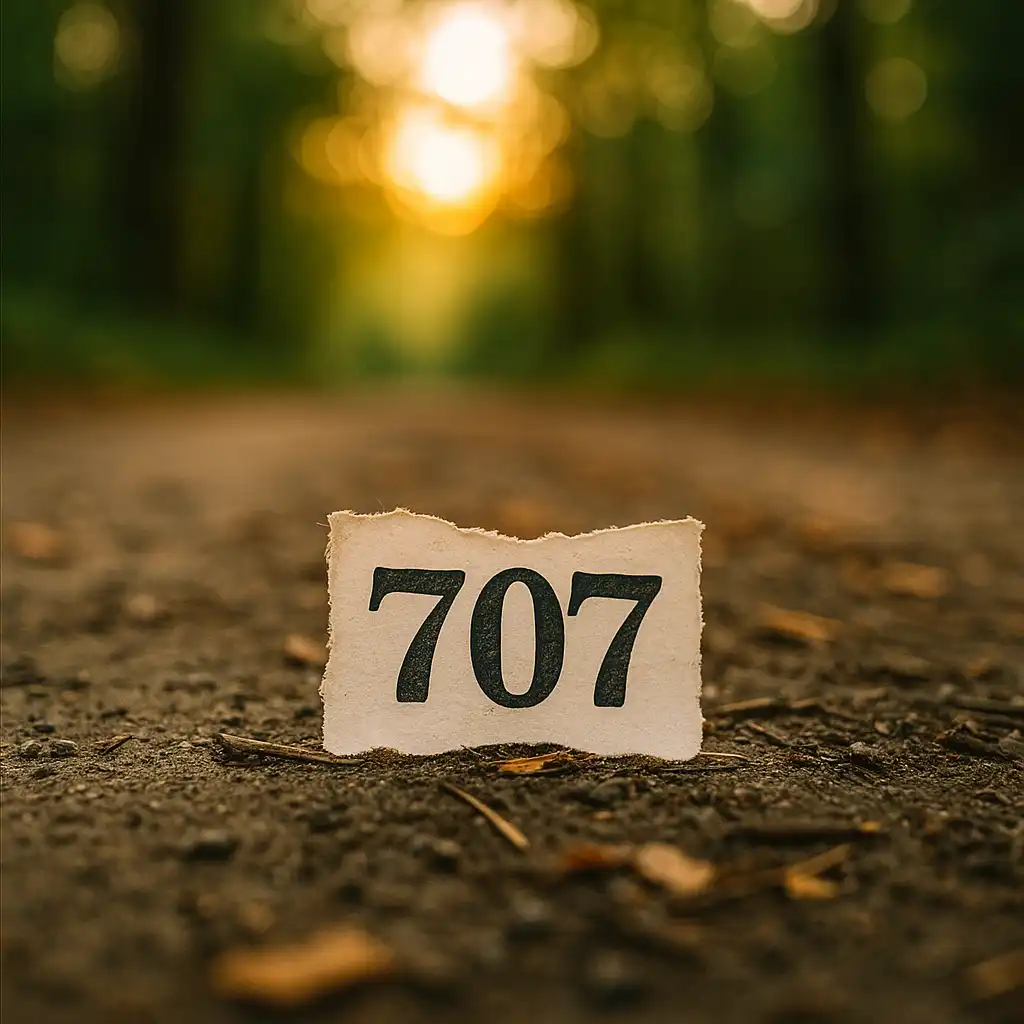 A photograph captures a small, weathered piece of paper with the number 707 placed on a forest path at sunset, surrounded by soft golden light and blurred green trees in the background.
