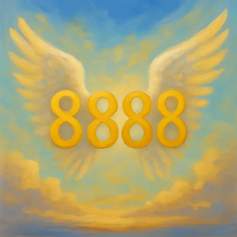 A traditional painting shows the number 8888 glowing in golden tones, embraced by soft white angel wings against a peaceful sky with warm clouds.