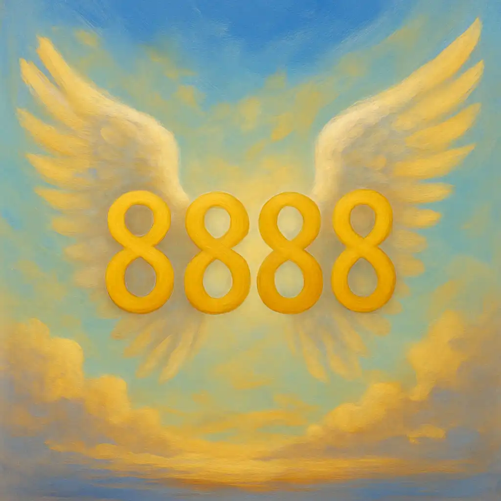 A traditional painting shows the number 8888 glowing in golden tones, embraced by soft white angel wings against a peaceful sky with warm clouds.