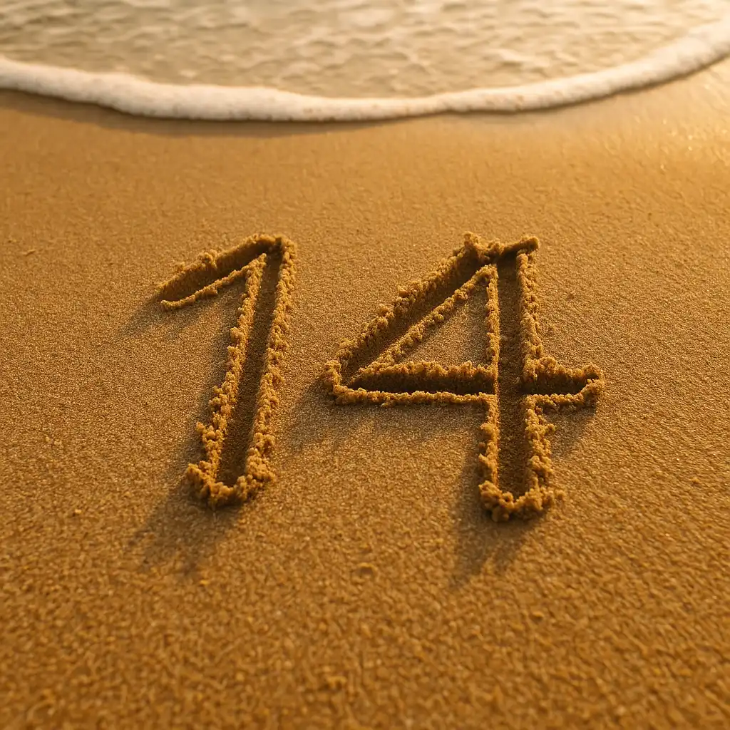 A photograph features the number "14" etched in the sand near the shoreline, with gentle ocean waves approaching under warm golden light.