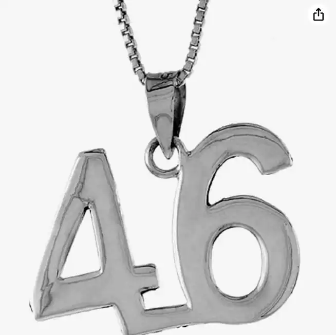 A silver pendant necklace featuring the number 46 in a sleek, modern font, suspended from a thin, reflective chain.