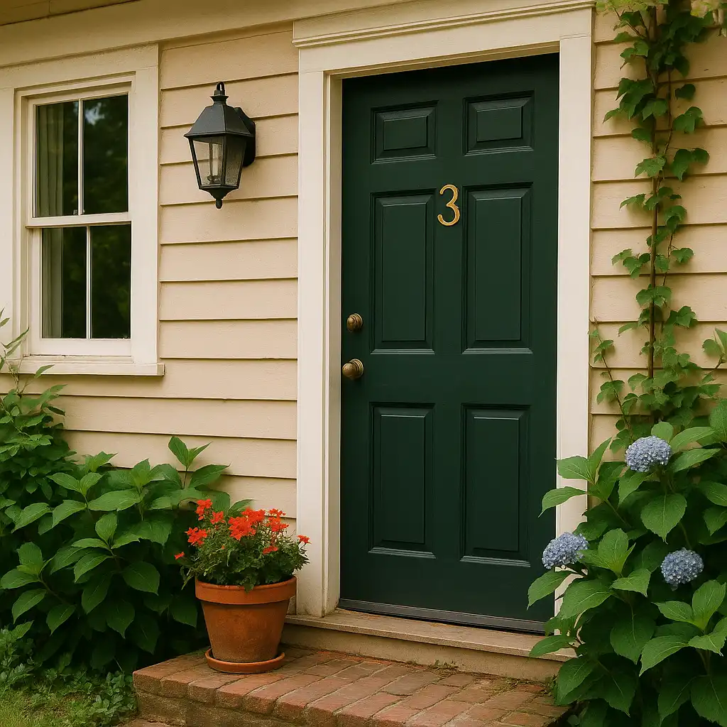 A photograph captures the exterior of a quaint beige house with a dark green door displaying the number 3, surrounded by lush greenery, flowering plants, and warm sunlight.