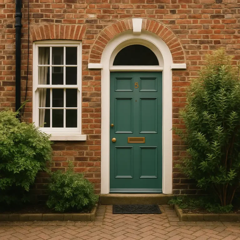 Teal front door with the number 5 on a red brick house, surrounded by green shrubs and a brick pathway.