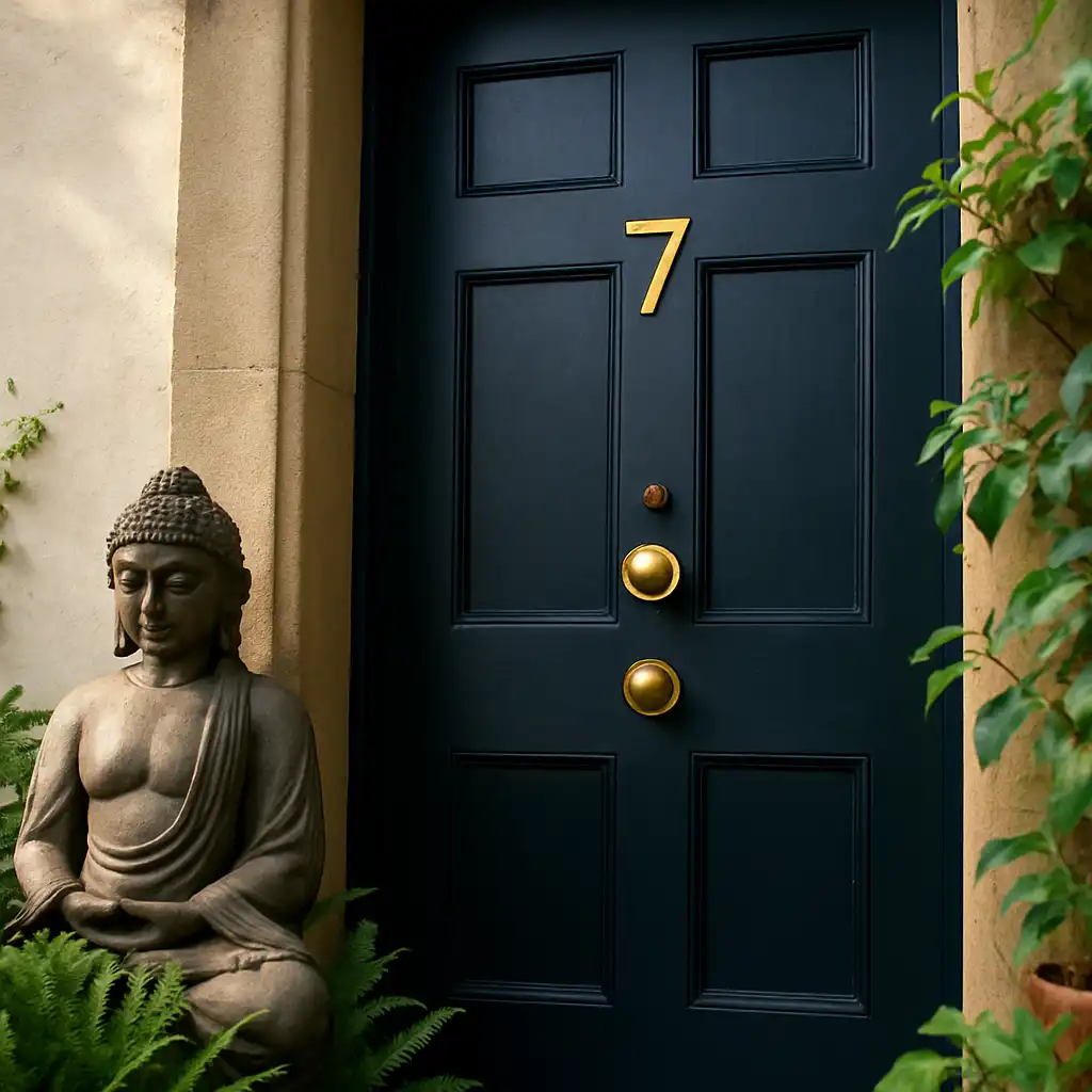 A dark blue front door with a gold number 7, surrounded by plants and a meditating Buddha statue near the entrance.