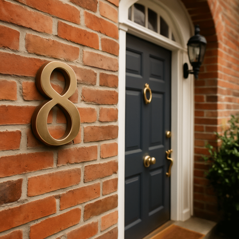 A charcoal-grey front door with a gold number 8 mounted on red brick, accented by a brass knocker and lantern under soft natural light.