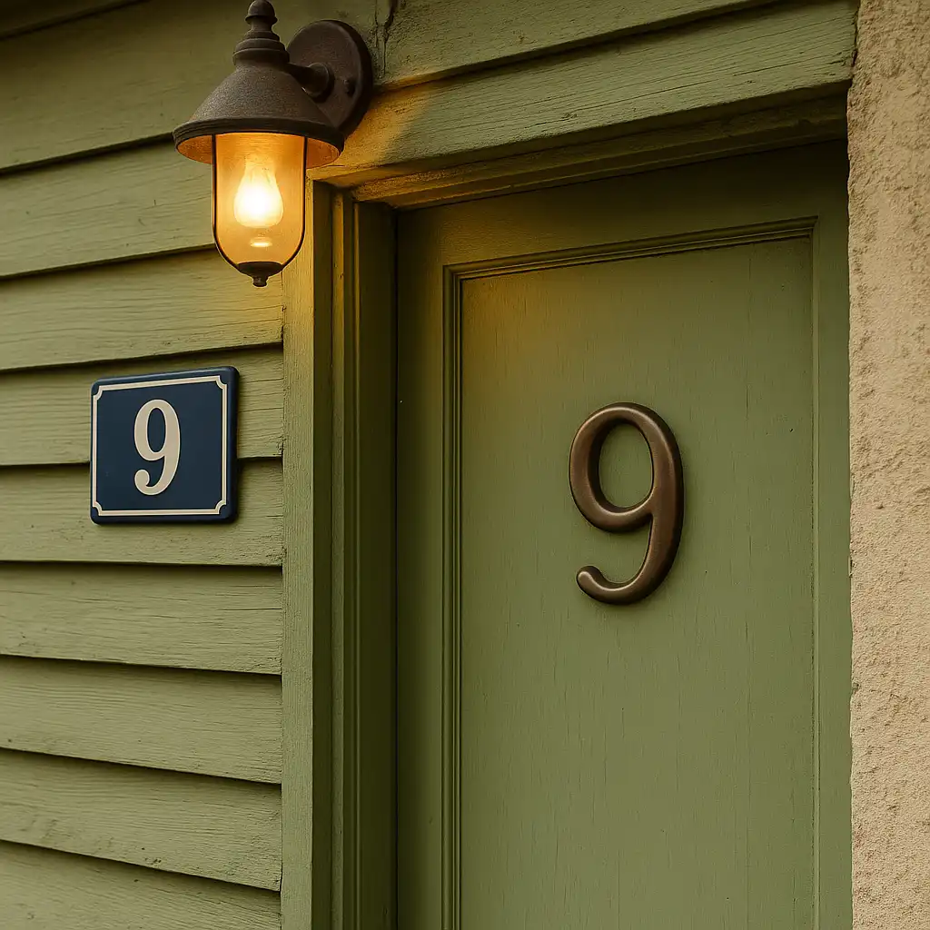 House number 9 on a sage green door and plaque, lit by a vintage porch lantern against a wooden siding.