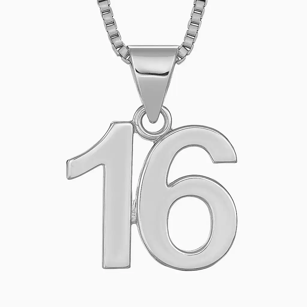 A digital photograph features a sterling silver pendant shaped like the number 16, hanging from a polished box chain, displayed against a white background.
