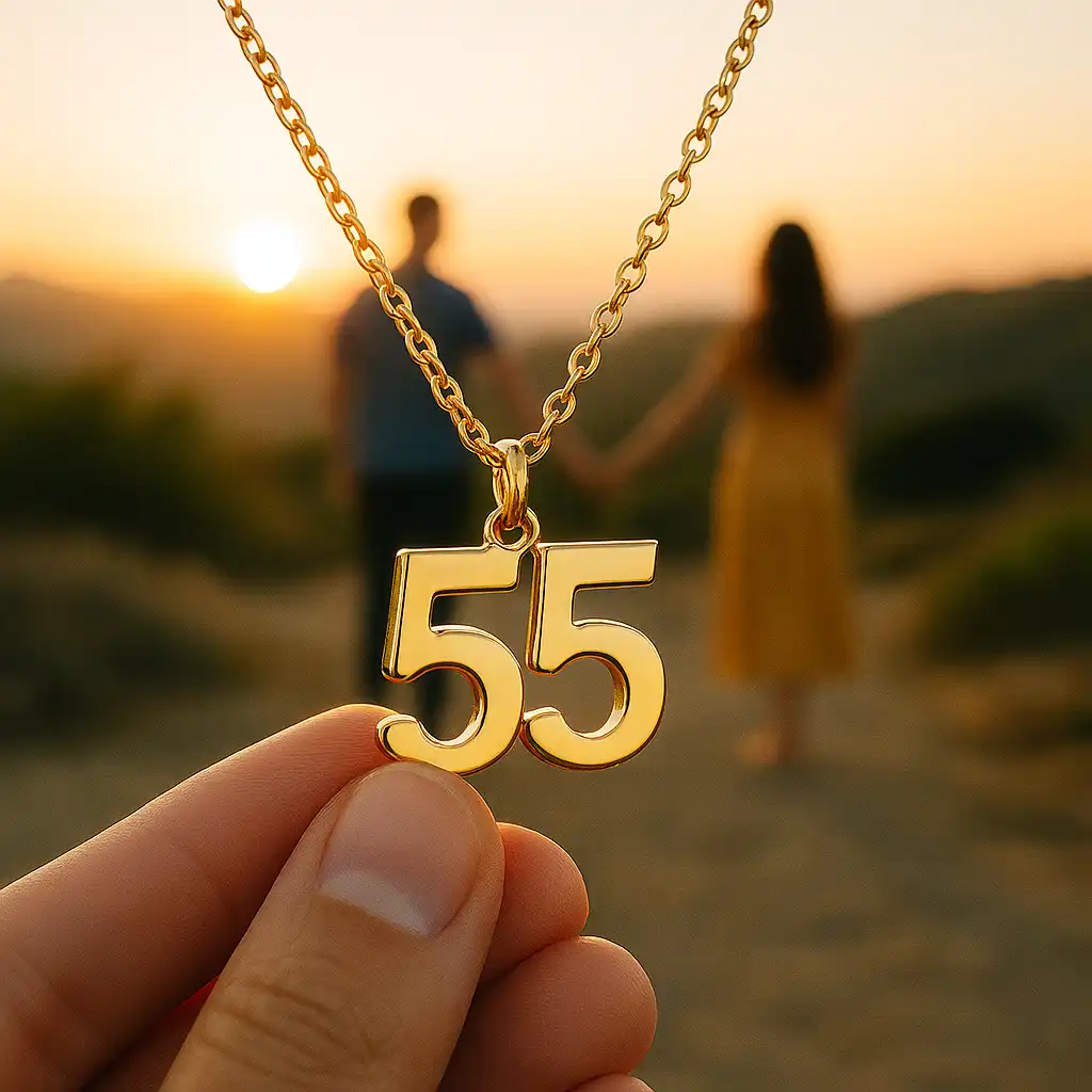 A photograph captures a gold pendant necklace featuring the number 55, held in focus by a hand with a sunset and a couple standing in the blurred background.