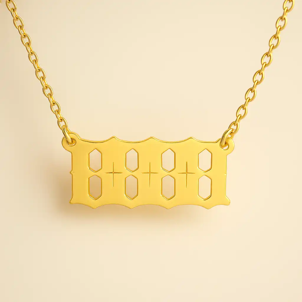 A digital photograph features a gold necklace with a rectangular pendant engraved in a stylized pattern representing the number 8888, displayed against a clean white background.