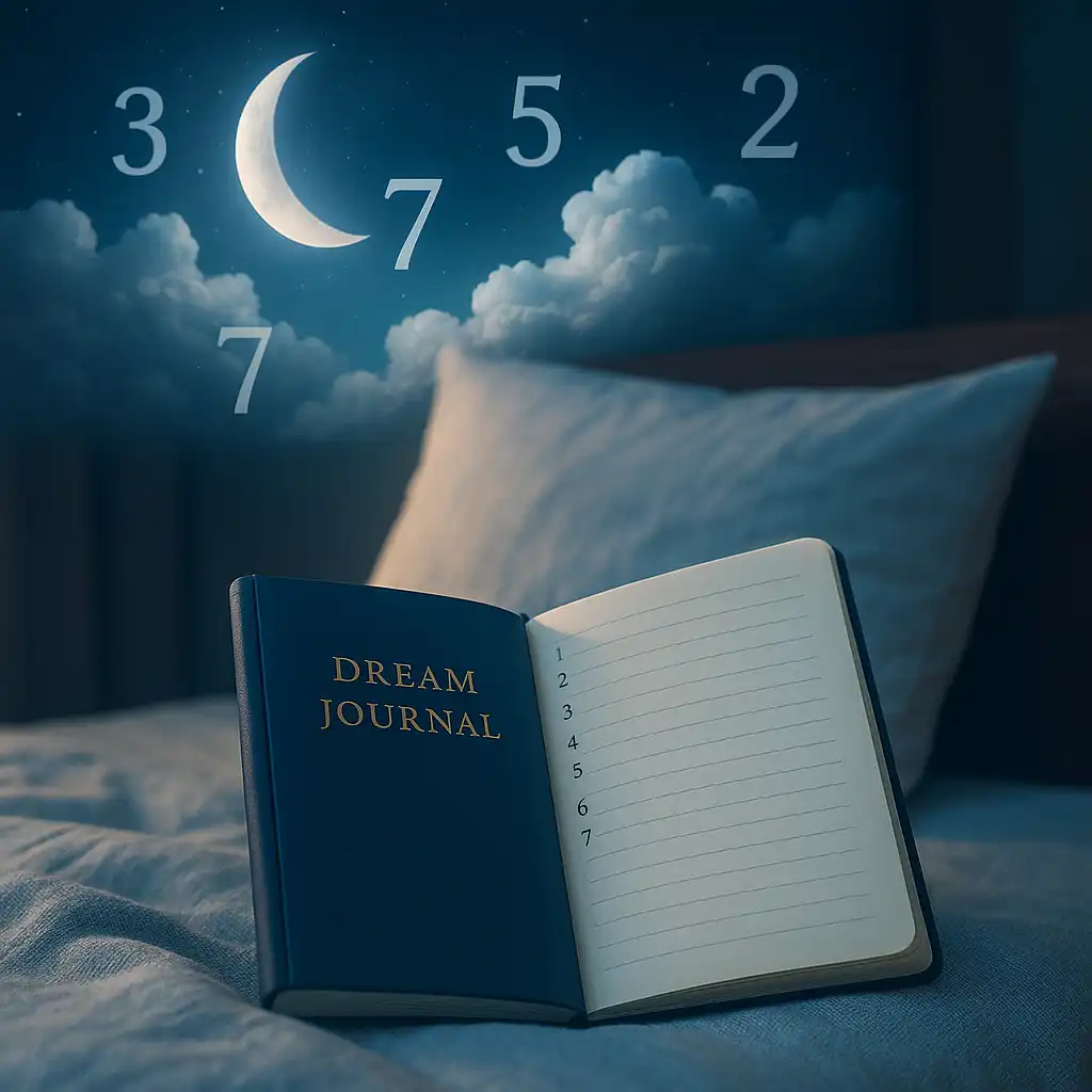 A dreamy nighttime scene with a moonlit sky, floating numbers, and an open dream journal resting on a bed, evoking numerological symbolism.