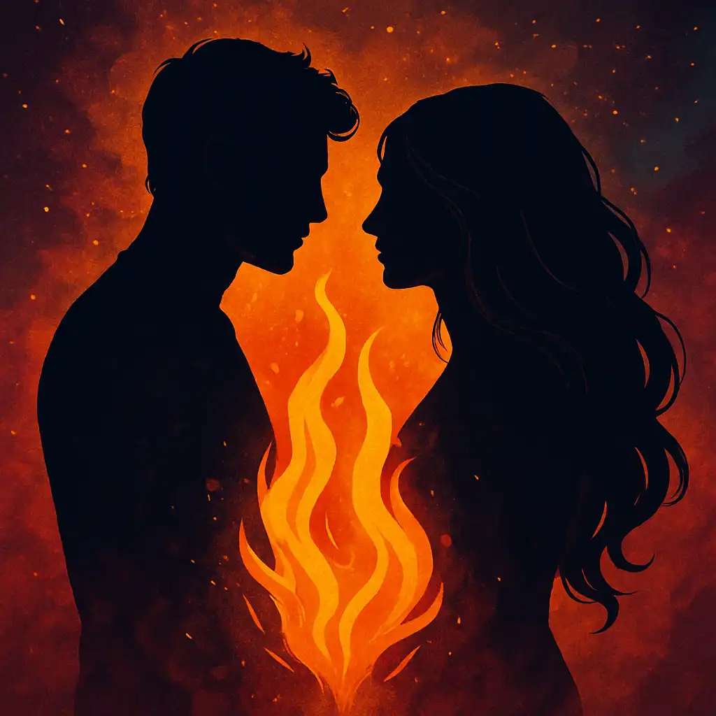 Silhouettes of two people standing face to face under a glowing cosmic sky, symbolizing deep spiritual connection and twin flame union.