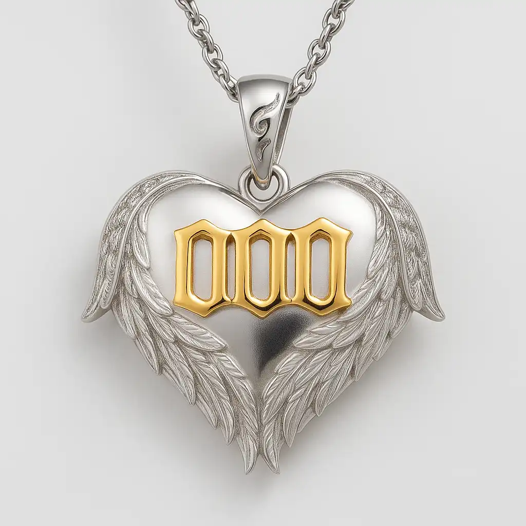 A heart-shaped silver pendant with detailed angel wings features bold gold "000" numerals in the center, hanging from a twisted silver chain.