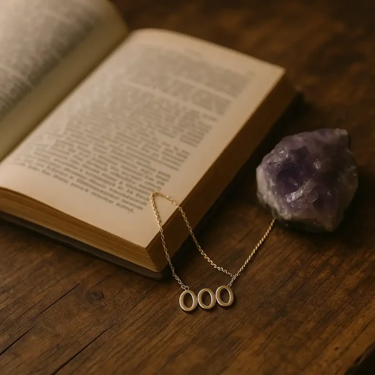 A gold necklace with the number "000" lies on the pages of an open vintage book, next to a raw amethyst crystal on a rustic wooden table.