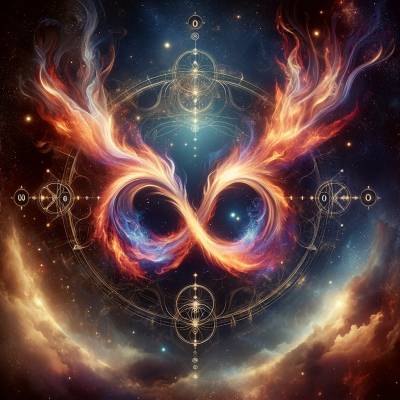 Mystical twin flames and numerology 000 symbol intertwined with cosmic elements and ethereal flames.