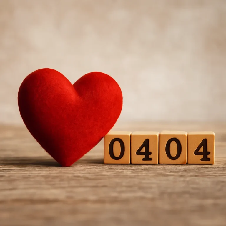 A red velvet heart rests beside wooden blocks displaying the number 0404 on a rustic table, symbolizing love and numerology energy.