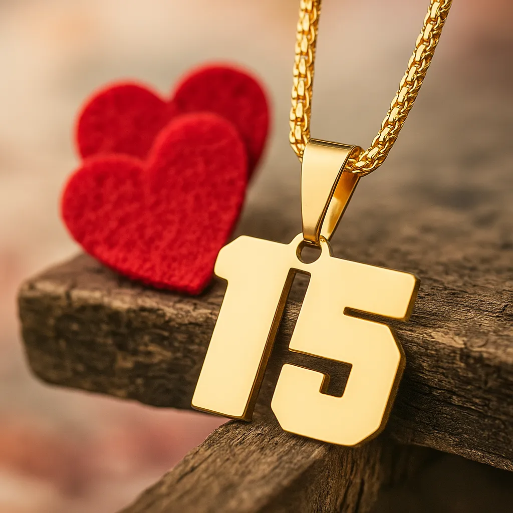 A gold pendant shaped like the number 15 hangs from a chain, resting on rustic wood beside two soft red heart cutouts.