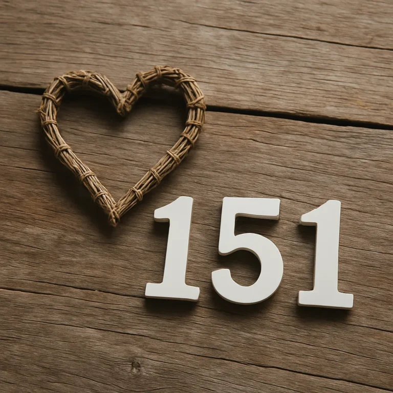 A heart-shaped decoration and the number 151 arranged on a wooden surface, symbolizing emotional clarity and spiritual alignment in love