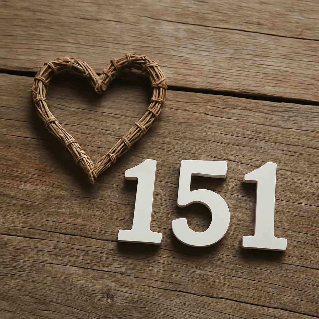 A heart-shaped decoration and the number 151 arranged on a wooden surface, symbolizing emotional clarity and spiritual alignment in love