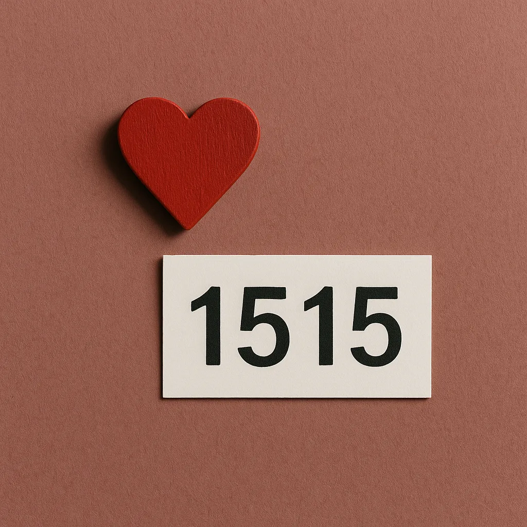 A red wooden heart and a white card displaying the number 1515 placed on a soft mauve surface, symbolizing love and angel number energy.