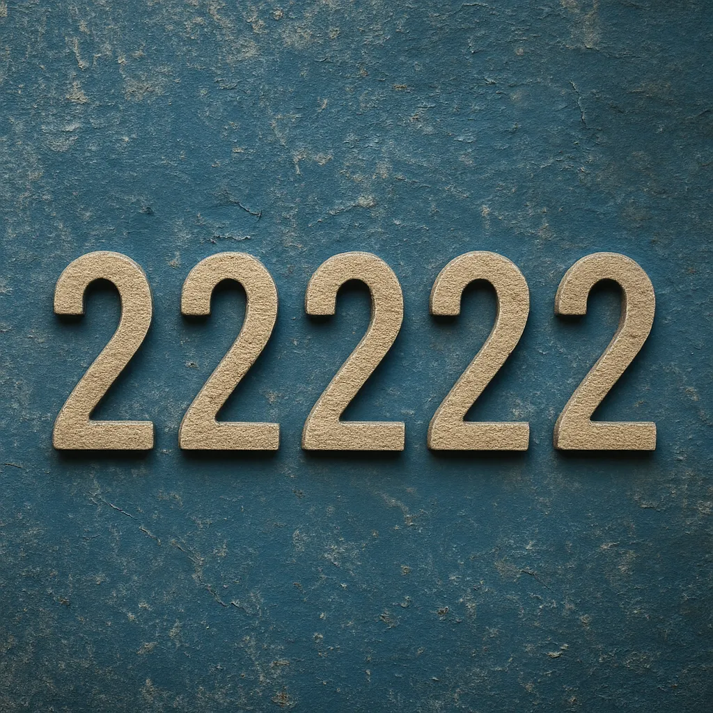The number 22222 appears in bold, textured beige numerals against a weathered blue background, creating a grounded, spiritual atmosphere.