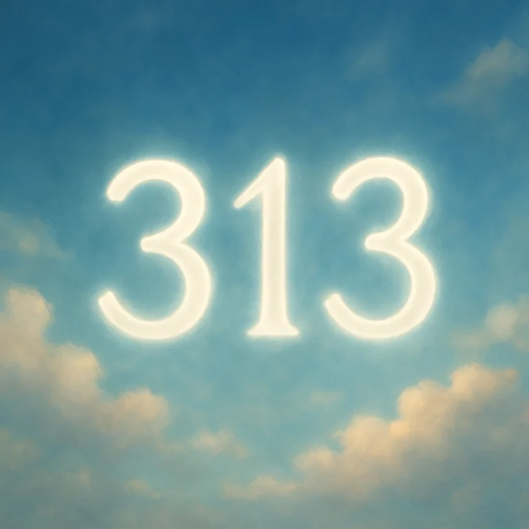A digital artwork showing the angel number 313 glowing softly against a serene blue sky with light clouds, symbolizing spiritual guidance.