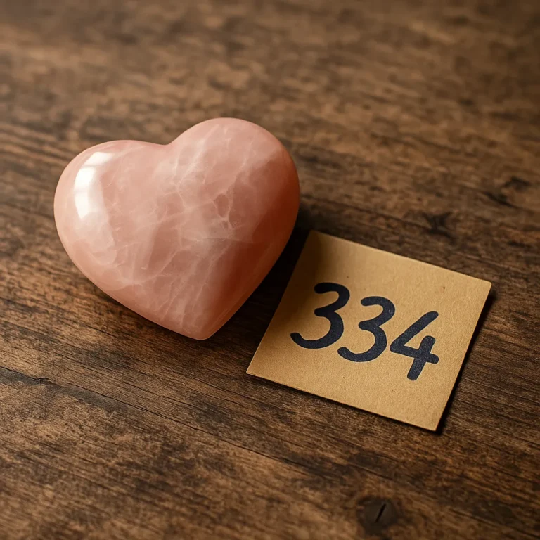 A polished rose quartz heart rests beside a kraft paper card with the number 334 written on it, placed on a rustic wooden surface.